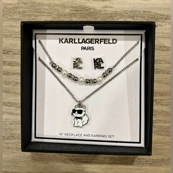 NIB! Karl Lagerfeld Silver Necklace Set & Earrings Set - Picture 2 of 3